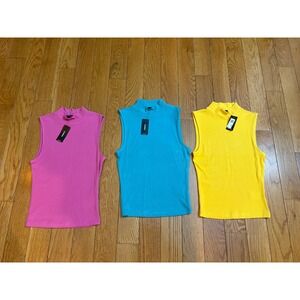 Bundle 3 Express Fitted Mock Neck Sleeveless Tank Top Ribbed s Pink Blue Yellow
